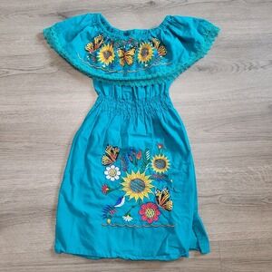 Kids Mexican‎ Embroidered Dress Turquoise Floral Butterfly Sunflowers Boho 6